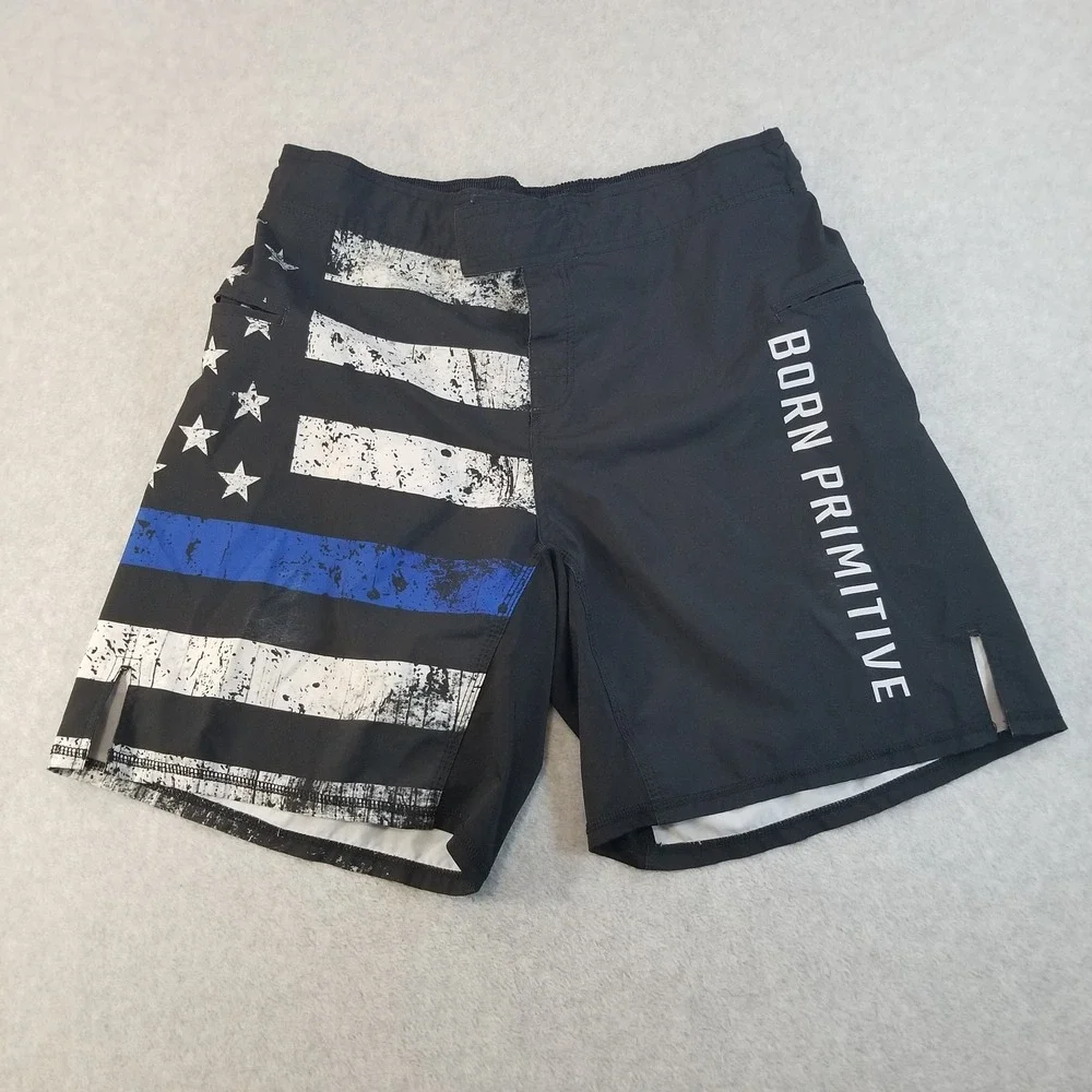 Born Primitive Shorts Mens 37 38 Black Blue Line American Flag USA Gym Board